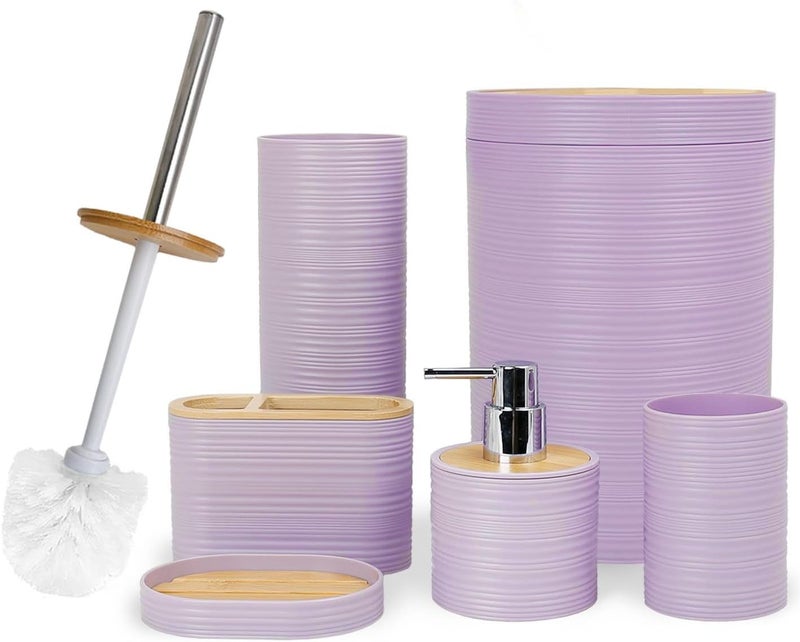 CERBIOR Bathroom Accessories Set 6 Piece Bamboo Bath Ensemble Includes Soap Dispenser  Toothbrush Holder  Toothbrush Cup  Soap Dish for Decorative Countertop and Housewarming Gift  Sriral Purple - Image 1
